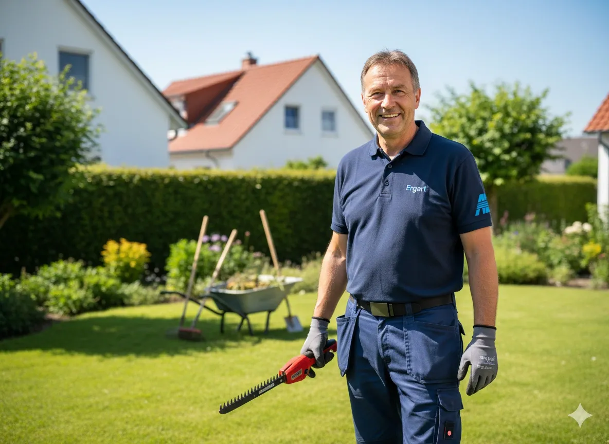 Ergart-Mitarbeiter mit Heckenschere in einem gepflegten Garten